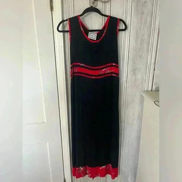 VTG 90s Y2K Asian Inspired floral Pattern Midi Black Dress Sz M Dark Romantic - Picture 1 of 8